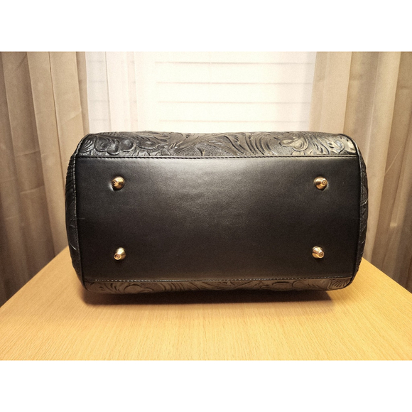 Black Zippered Floral Embossed Tooled Artisan LEATHER Hobo Bag Purse Artesanal - Picture 11 of 16